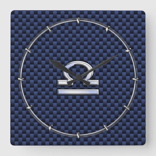 ネイビーモダンブルーカーボンファイバーのライブラサイン スクエア壁時計 (正面)