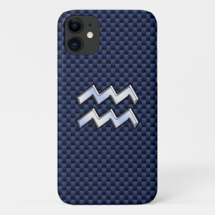ネイビーモダンブルーカーボンファイバー上のAquariusサイン iPhone 11 ケース