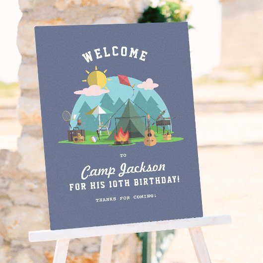 ネイビーモダンブルーキャンピングバースデーパーティーウェルカム ポスター