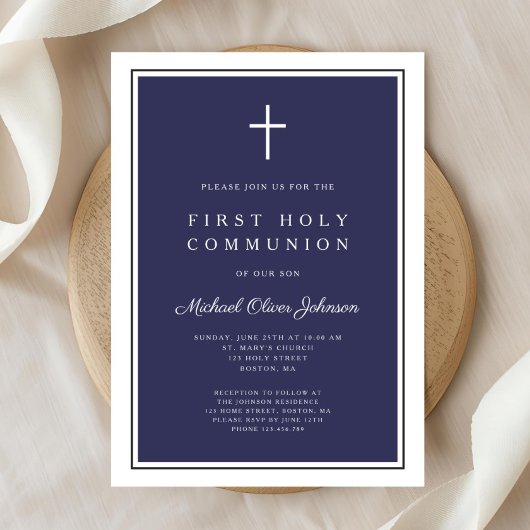 ネイビーモダンブルークロスボーイファースト聖餐式 招待状