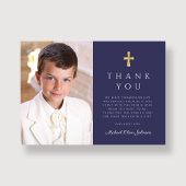 ネイビーモダンブルークロスボーイフォトファースト聖餐式 サンキューカード
