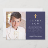 ネイビーモダンブルークロスボーイフォトファースト聖餐式 サンキューカード (正面)