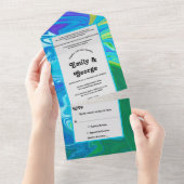 ネイビーモダンブルーグリーン波抽象芸術アー結婚ツ オールインワン招待状 (貼ってはがせる)