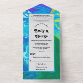 ネイビーモダンブルーグリーン波抽象芸術アー結婚ツ オールインワン招待状 (内側)
