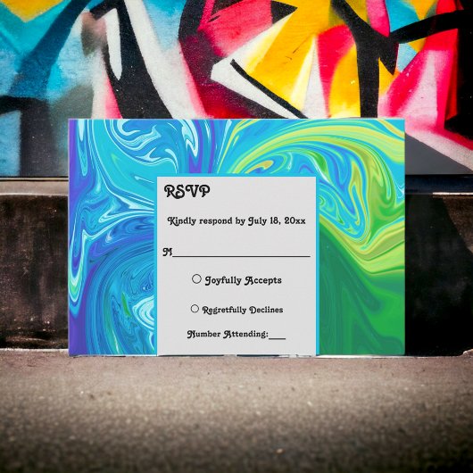 ネイビーモダンブルーグリーン波抽象芸術アー結婚ツ 出欠カード