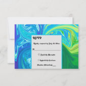 ネイビーモダンブルーグリーン波抽象芸術アー結婚ツ 出欠カード (正面)