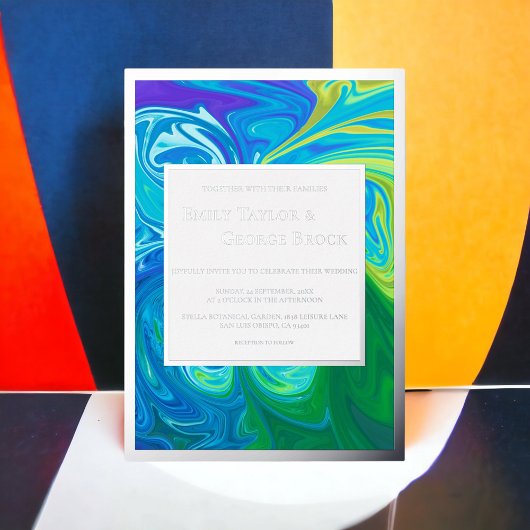 ネイビーモダンブルーグリーン波抽象芸術アー結婚ツ 箔招待状