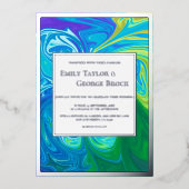 ネイビーモダンブルーグリーン波抽象芸術アー結婚ツ 箔招待状 (正面)