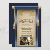 ネイビーモダンブルーサテンのスクロール房sepia写真 招待状 (正面/裏面)