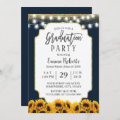 ネイビーモダンブルーサンフラワーフローラ卒業パーティー 招待状 (正面/裏面)