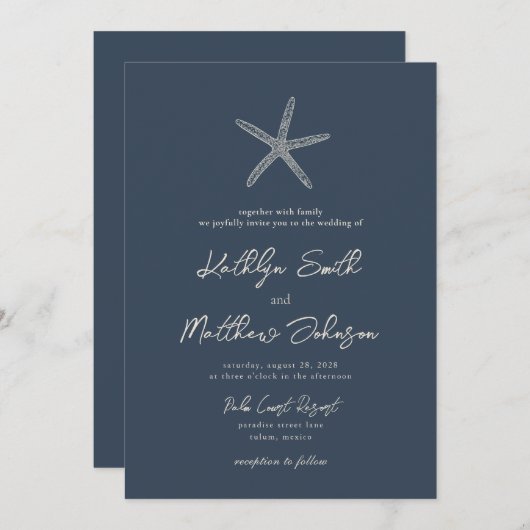 ネイビーモダンブルーシェルビーチ行先結婚式 招待状 (正面/裏面)