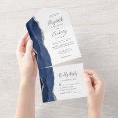 ネイビーモダンブルーシルバーアゲート結婚ズ オールインワン招待状 (貼ってはがせる)