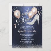 ネイビーモダンブルーシルバーグリッターハイヒールスウィート16 招待状 (正面)