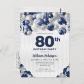 ネイビーモダンブルーシルバーグリッターバルーン誕生日 ポストカード (正面/裏面)