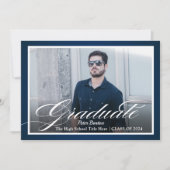 ネイビーモダンブルーシルバースクリプトフォトグラードパーティー 招待状 (正面)