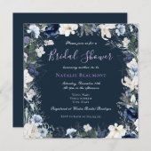 ネイビーモダンブルースクエアフローラブライダルシャワー 招待状 (正面/裏面)