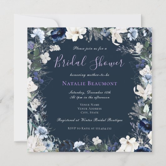 ネイビーモダンブルースクエアフローラブライダルシャワー 招待状 (正面)