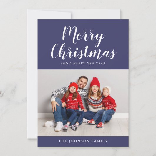 ネイビーモダンブルースクリプトクリスマスフォト シーズンカード (正面)