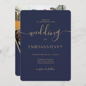 ネイビーモダンブルースクリプト写真イニシャル結婚ズ 招待状 (正面/裏面)