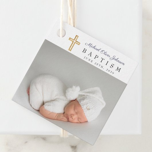 ネイビーモダンブルースクリプト写真バプテスマ フェイバータグ