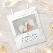 ネイビーモダンブルースクリプト写真バプテスマ フェイバーバッグ (クリップ留めされた状態)