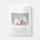 ネイビーモダンブルースクリプト写真バプテスマ フェイバーバッグ (正面)