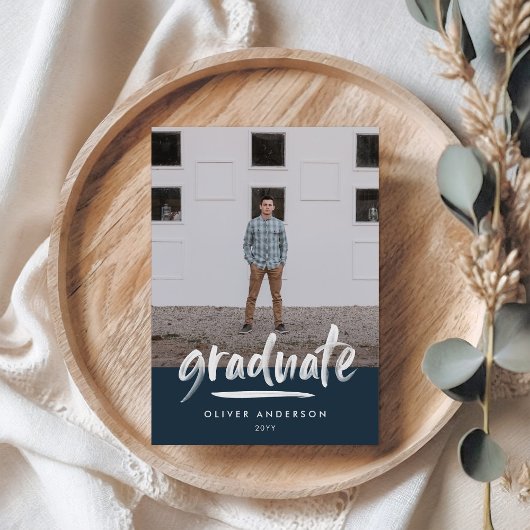 ネイビーモダンブルースクリプト3枚の写真スタイリッシュ卒業 招待状