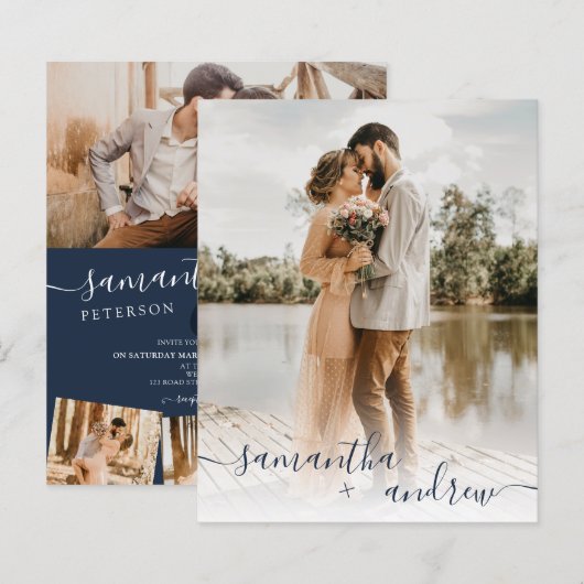 ネイビーモダンブルースクリプト5枚の写真予算結婚予算 (正面/裏面)