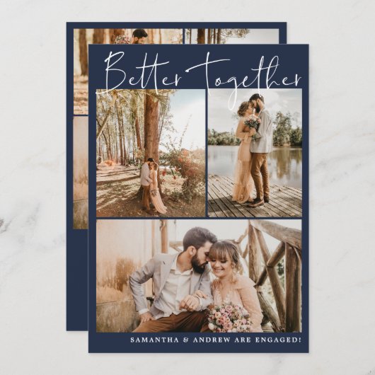 ネイビーモダンブルースクリプトchic 6枚婚約 案内状 (正面/裏面)