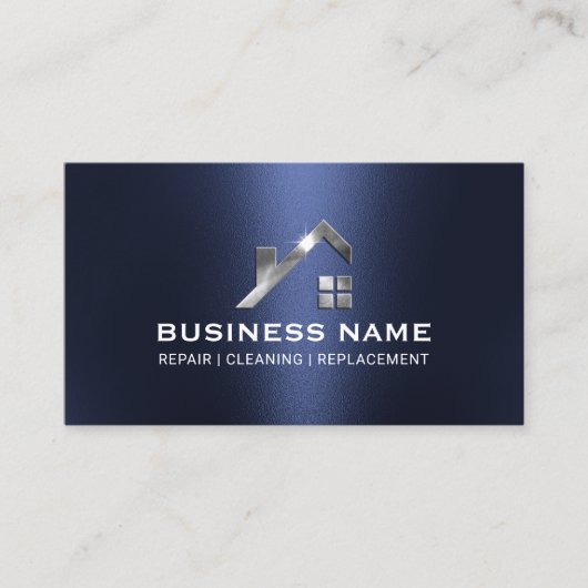 ネイビーモダンブルースチールハウスロゴ実在エテート 名刺 (正面)