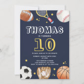 ネイビーモダンブルースポーツ誕生日ボーイズ 招待状 (正面)