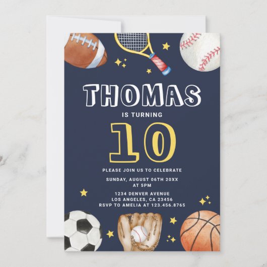 ネイビーモダンブルースポーツ誕生日ボーイズ 招待状 (正面)