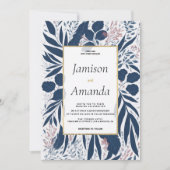 ネイビーモダンブルーダスティピンク結婚フローラ 招待状 (正面)