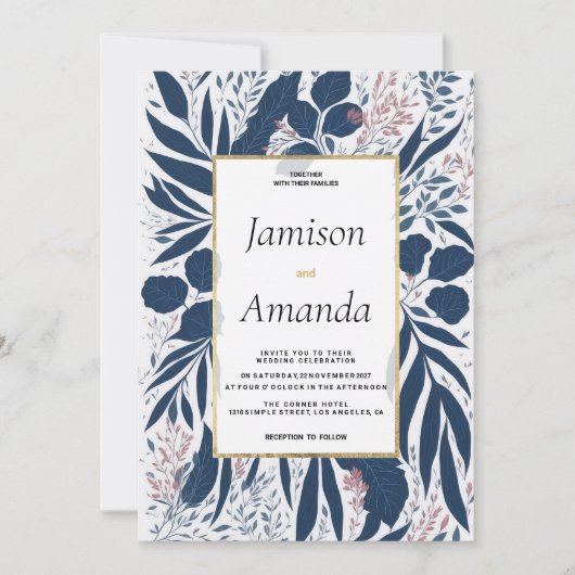 ネイビーモダンブルーダスティピンク結婚フローラ 招待状 (正面)