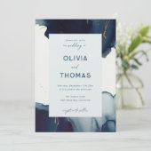 ネイビーモダンブルーティール(緑がかった色)金ゴールドボヘミアンビーチ結婚式 招待状 (スタンド正面)