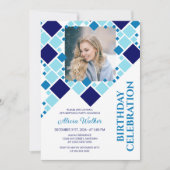 ネイビーモダンブルーデジタルフレームフォト誕生日 招待状 (正面)