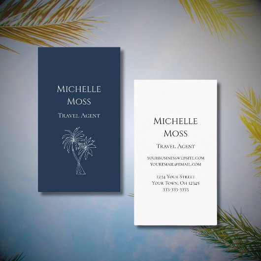 ネイビーモダンブルートロピカルパームツリーズスケッチ 名刺