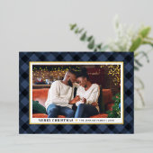 ネイビーモダンブルーバッファロープレイドクリスマスフォト 箔シーズンカード (立ち正面)