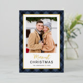 ネイビーモダンブルーバッファロープレイドクリスマスフォト 箔シーズンカード (立ち正面)