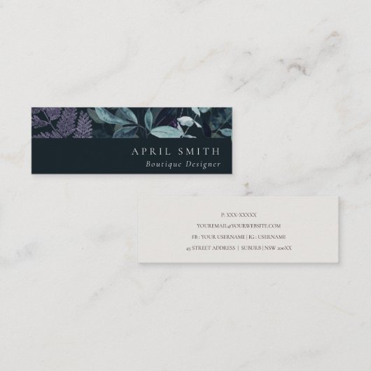 ネイビーモダンブルーパープルの葉の多い熱帯動物群 スキニー名刺 (正面/裏面)