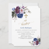 ネイビーモダンブルーパープルフラワーズボーイミバウティゾ 招待状 (正面)