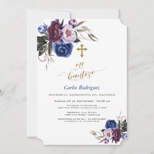 ネイビーモダンブルーパープルフラワーズボーイミバウティゾ 招待状 (正面)