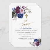 ネイビーモダンブルーパープルフラワーズボーイミバウティゾ 招待状 (正面/裏面)