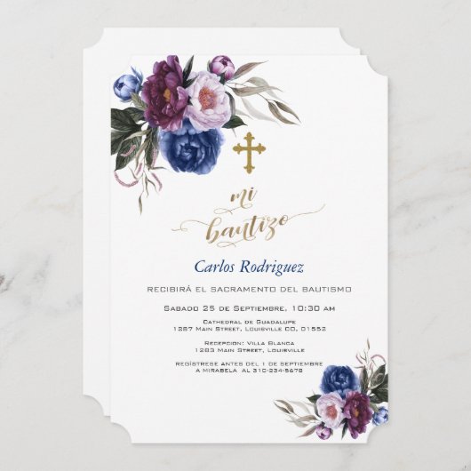 ネイビーモダンブルーパープルフラワーズボーイミバウティゾ 招待状 (正面/裏面)