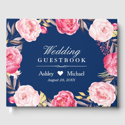 ネイビーモダンブルーピンクフローラ結婚リース ゲストブック (正面)