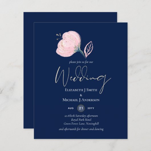 ネイビーモダンブルーピンクローズ金ゴールド結婚予算 (正面/裏面)