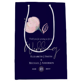 ネイビーモダンブルーピンクローズ金ゴールド結婚予算 ミディアムペーパーバッグ