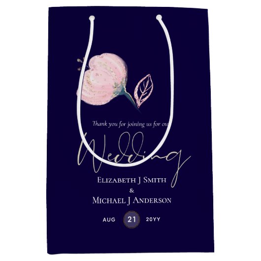 ネイビーモダンブルーピンクローズ金ゴールド結婚予算 ミディアムペーパーバッグ (正面)