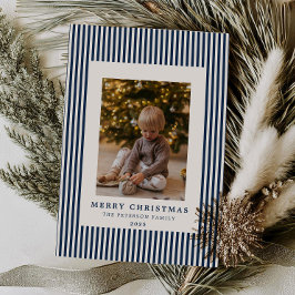ネイビーモダンブルーピンスプレイのクリスマスファミリー写真 シーズンカード