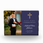 ネイビーモダンブルーファースト聖餐式ボーイ写真 フォトブロック (正面)